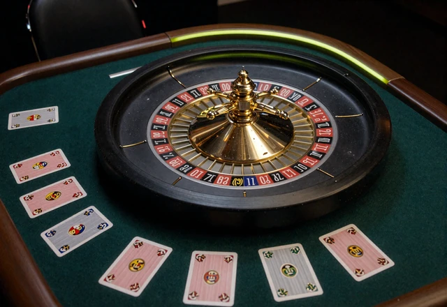 Roulette-Kessel und Spielkarten auf gr&uuml;nem Filz - Casino-Bereich im Golazzo Online Casino