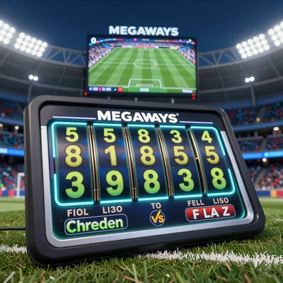 Slot-Cover mit Megaways-Walzen und Stadion-Anzeigetafel - Spin & Score Megaways Goalzz Slot