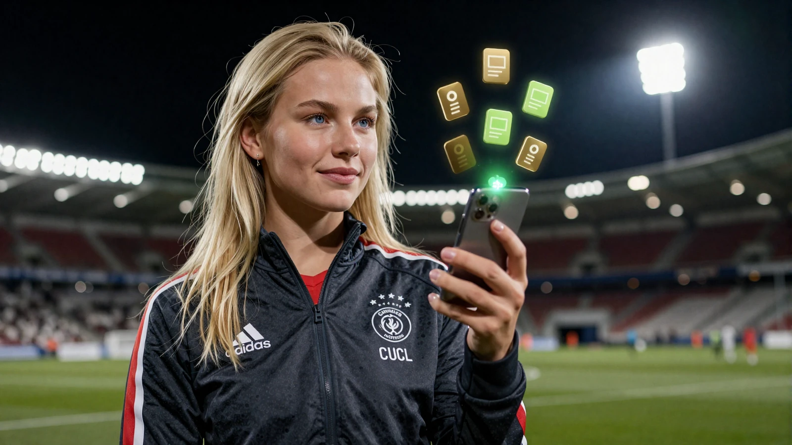 Selbstbewusste Frau mit Smartphone und leuchtenden Zahlungs-Symbolen vor Flutlicht-Stadion - Zahlungsmethoden im Golazzo Online Casino