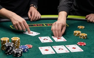 Live-Blackjack-Tisch mit Dealer-H&auml;nden und Karten auf gr&uuml;nem Filz bei Golazzo